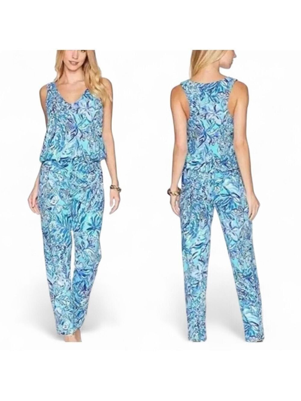 Lilly Pulitzer Women's Blue Floral Sleeveless Jumpsuit Casual Size XS